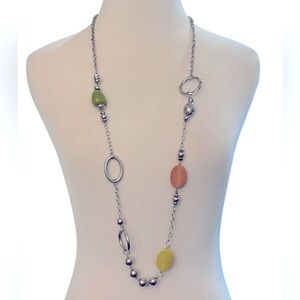 Colorful Beaded Long Silver Tone Statement Necklace